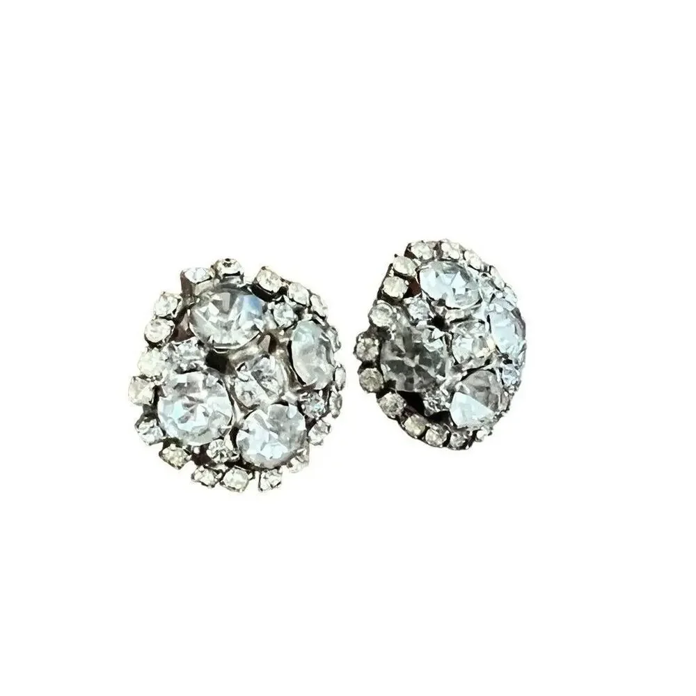 Vintage Formal Rhinestone Round Clip On Earrings Evening Bling